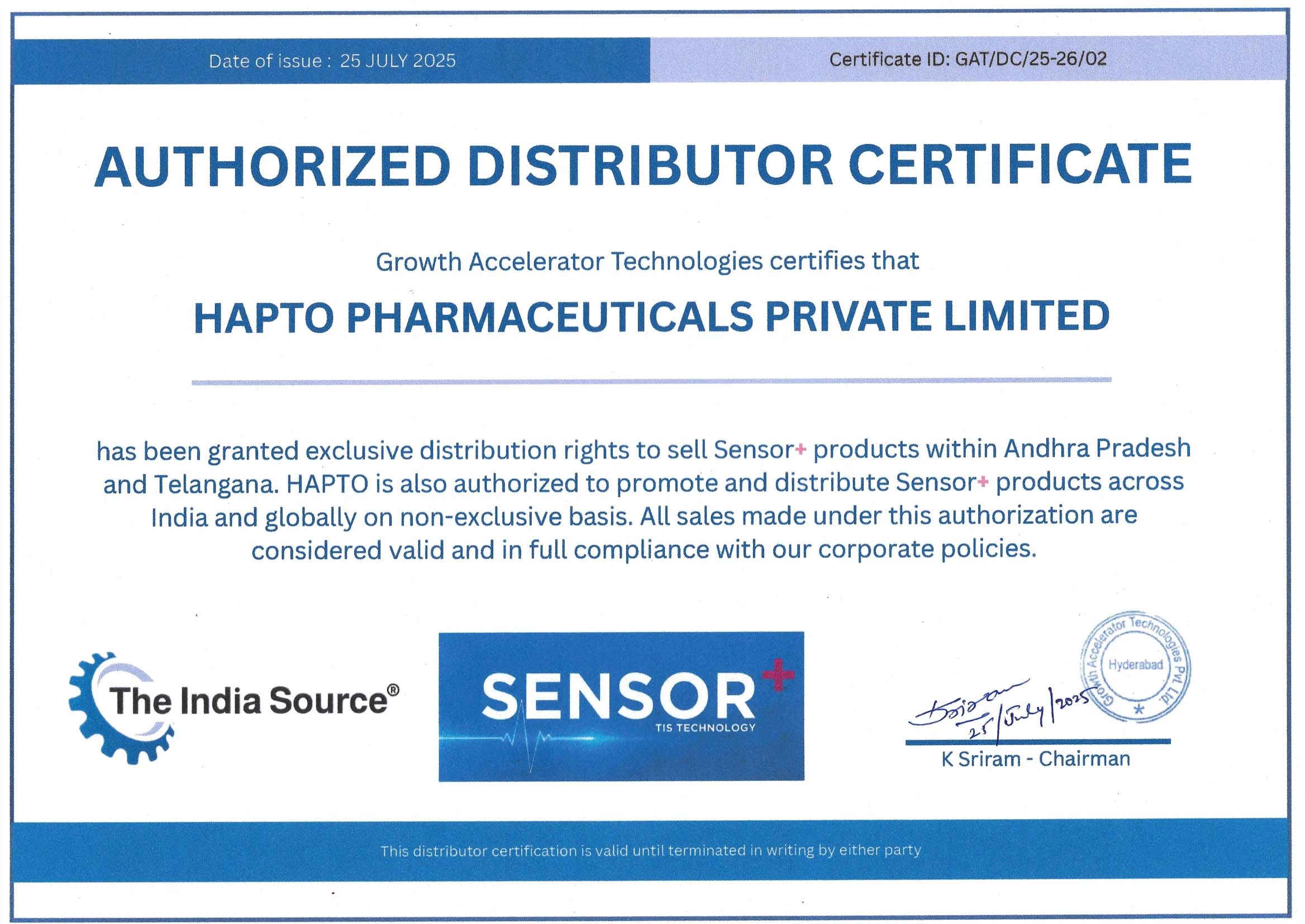 Sensor+ Authorized Distributor Certificate for Hapto Pharmaceuticals Private Limited